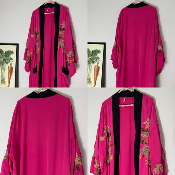 Free People hot pink embroidered floral long kimono size XS/S - Picture 3 of 16
